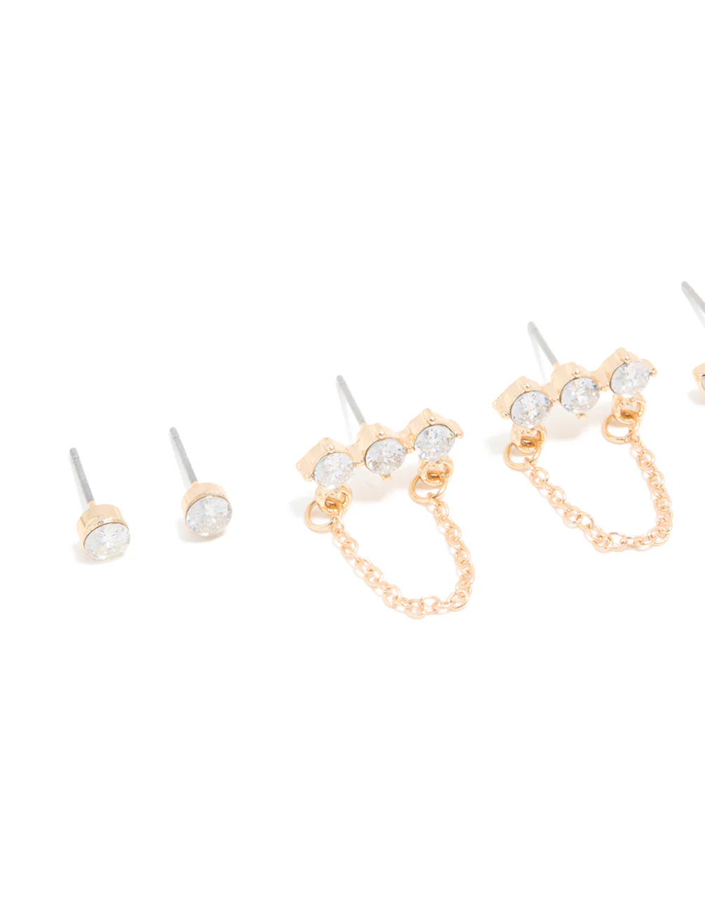 Gold Cubic Zirconia Stud & Chain Earrings 3-Pack - Image 4