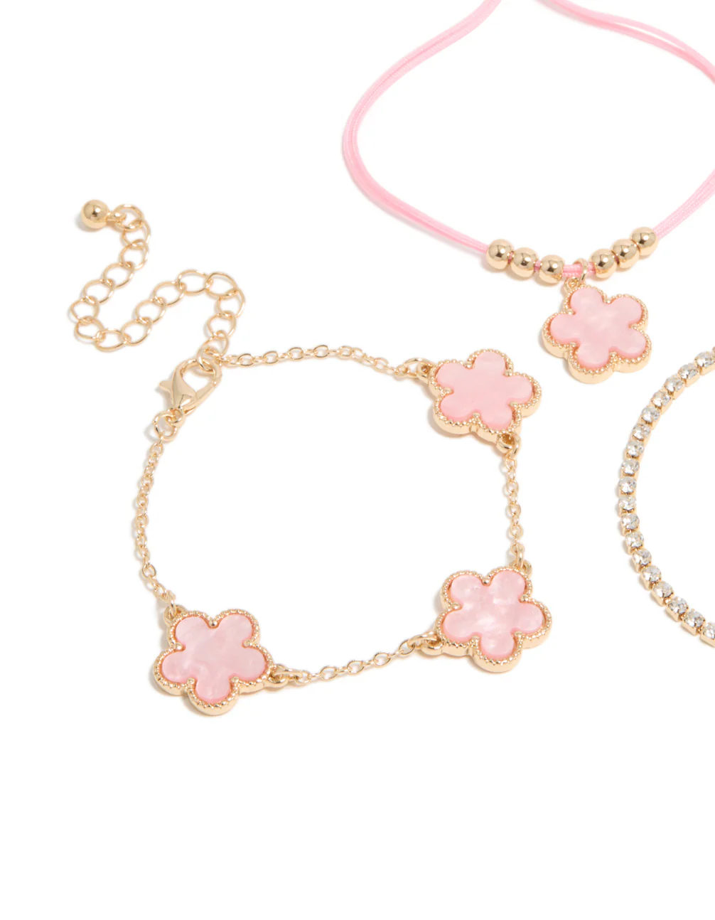 Gold Cubic Zirconia Tennis & Blush Pink Cord Flower Bracelets 3-Pack - Image 2