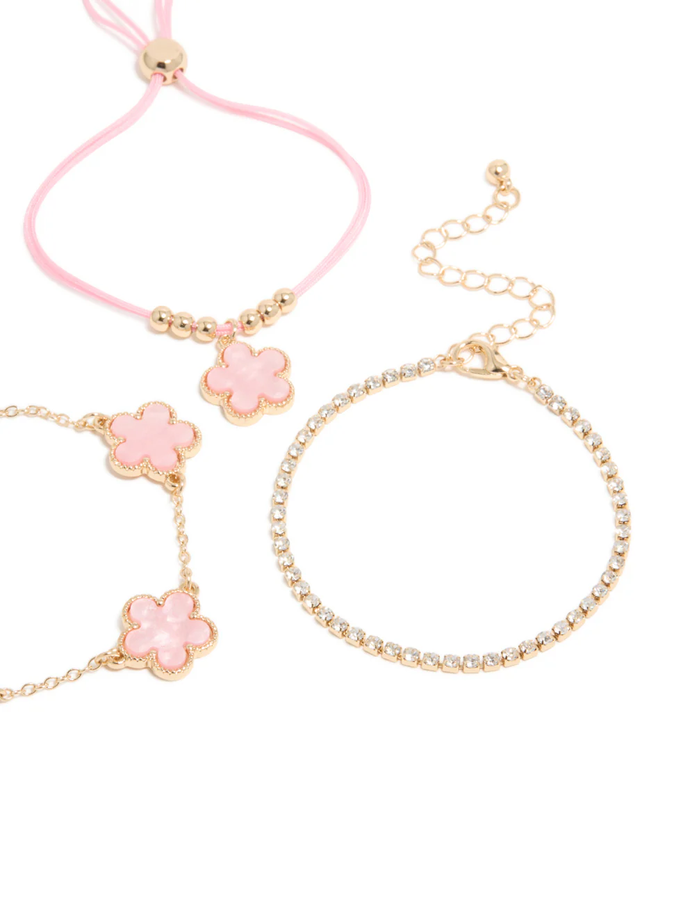 Gold Cubic Zirconia Tennis & Blush Pink Cord Flower Bracelets 3-Pack - Image 3