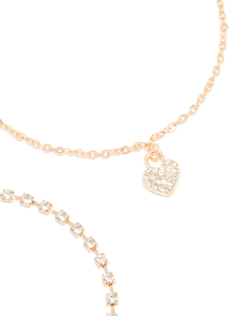Gold Cubic Zirconia Tennis, Chain & Heart Anklets 3-Pack - Image 3