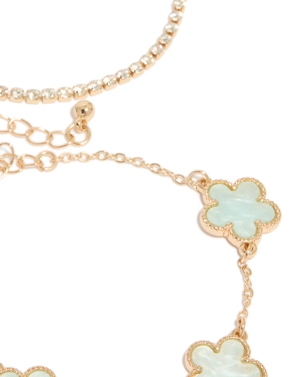 Gold Cubic Zirconia Tennis & Cord Light Blue Flower Charm Bracelets 3-Pack - Image 3