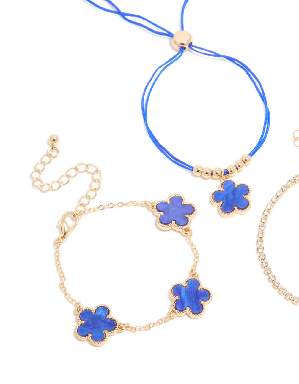 Gold Cubic Zirconia Tennis & Dark Blue Cord Flower Bracelet 3-Pack - Image 2
