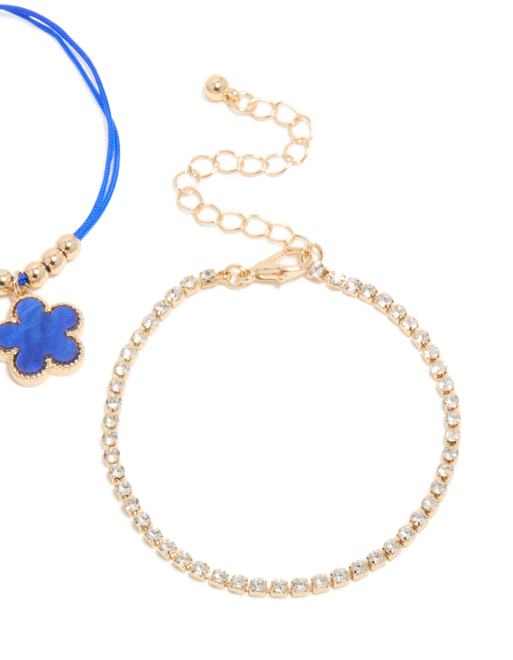 Gold Cubic Zirconia Tennis & Dark Blue Cord Flower Bracelet 3-Pack - Image 3