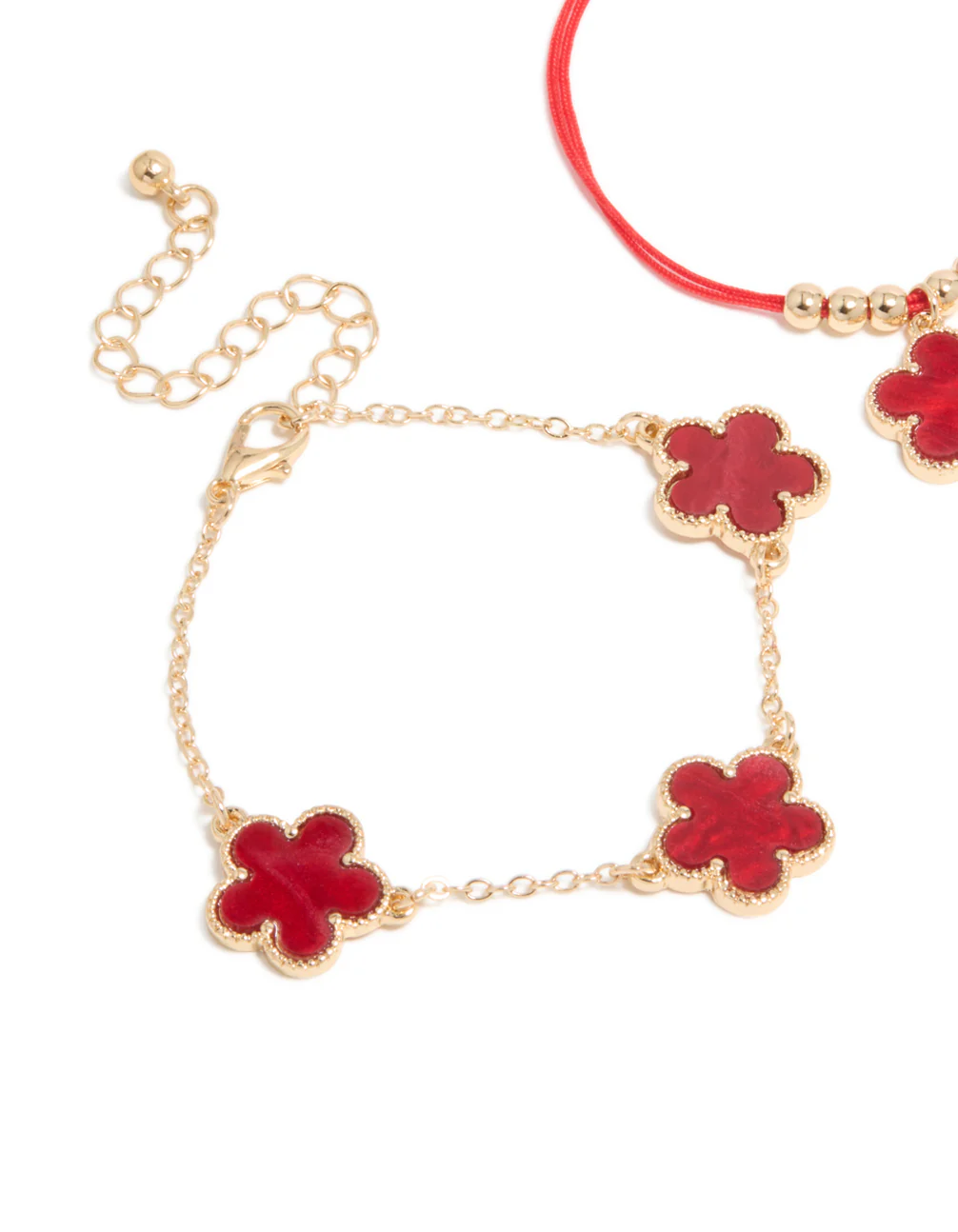 Gold Cubic Zirconia Tennis & Red Cord Flower Bracelets 3-Pack - Image 2