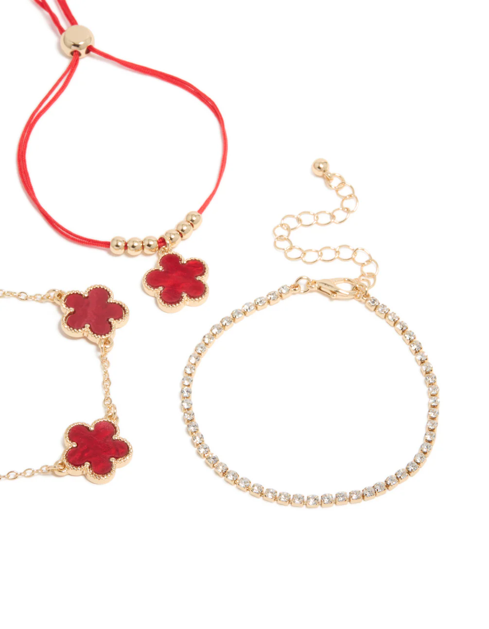 Gold Cubic Zirconia Tennis & Red Cord Flower Bracelets 3-Pack - Image 3