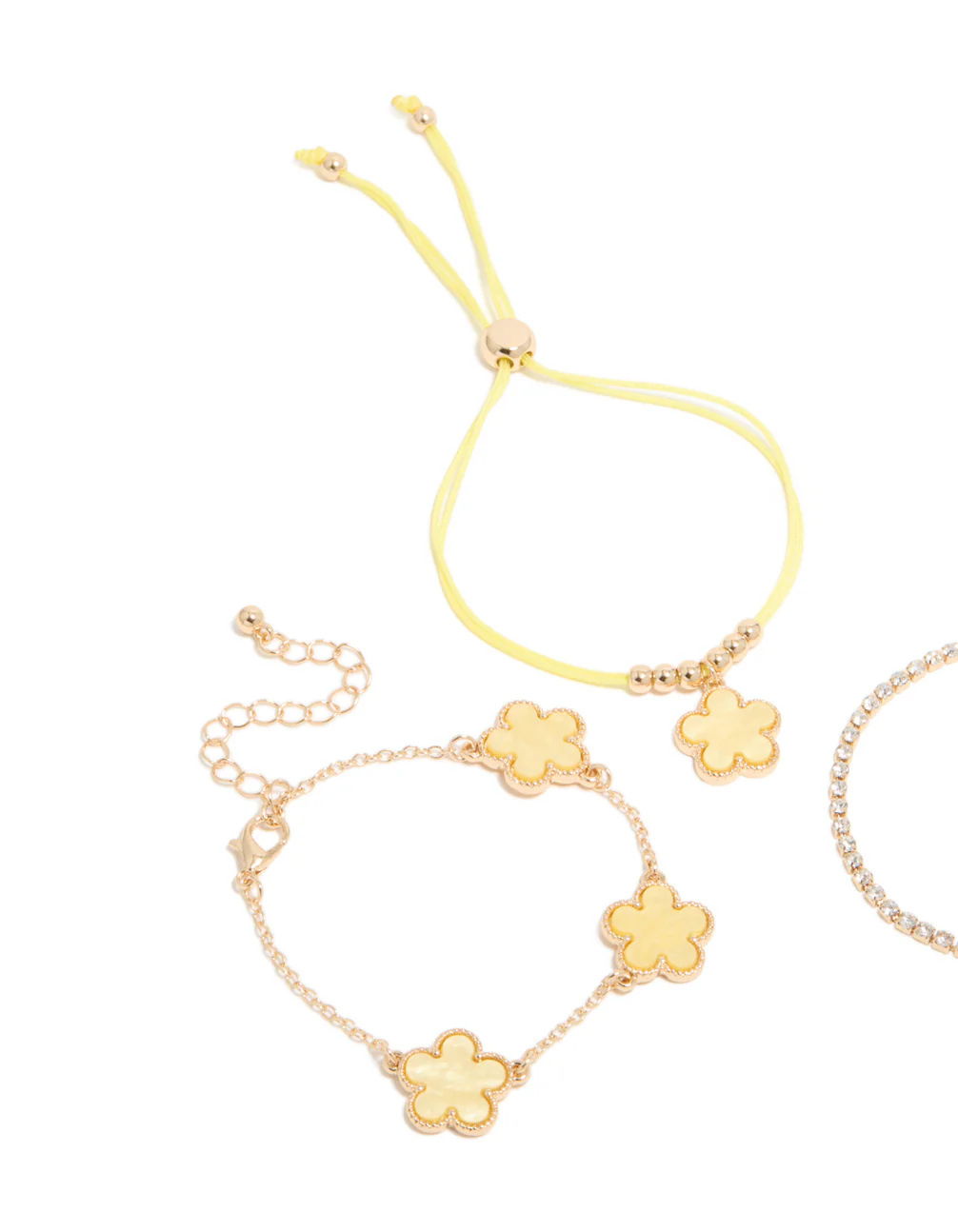 Gold Cubic Zirconia Tennis & Yellow Cord Flower Bracelets 3-Pack - Image 2