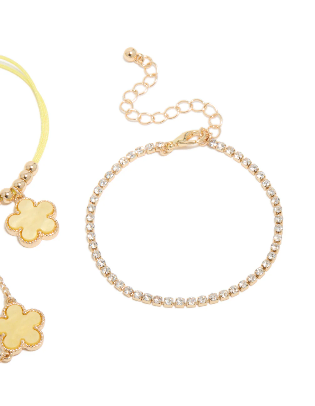 Gold Cubic Zirconia Tennis & Yellow Cord Flower Bracelets 3-Pack - Image 3