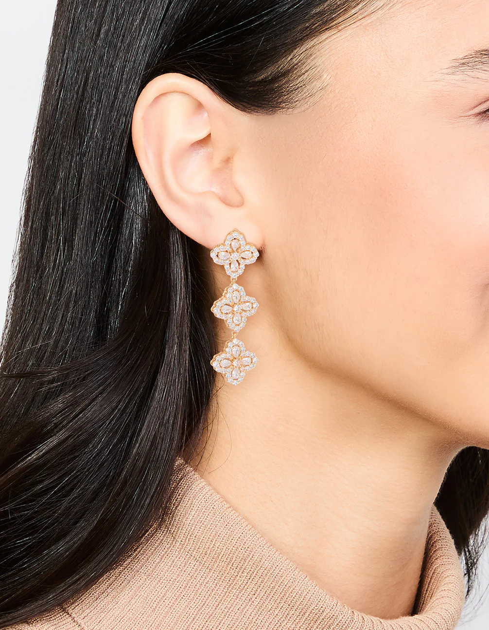 Gold Cubic Zirconia Triple Flower Drop Earrings - Image 2