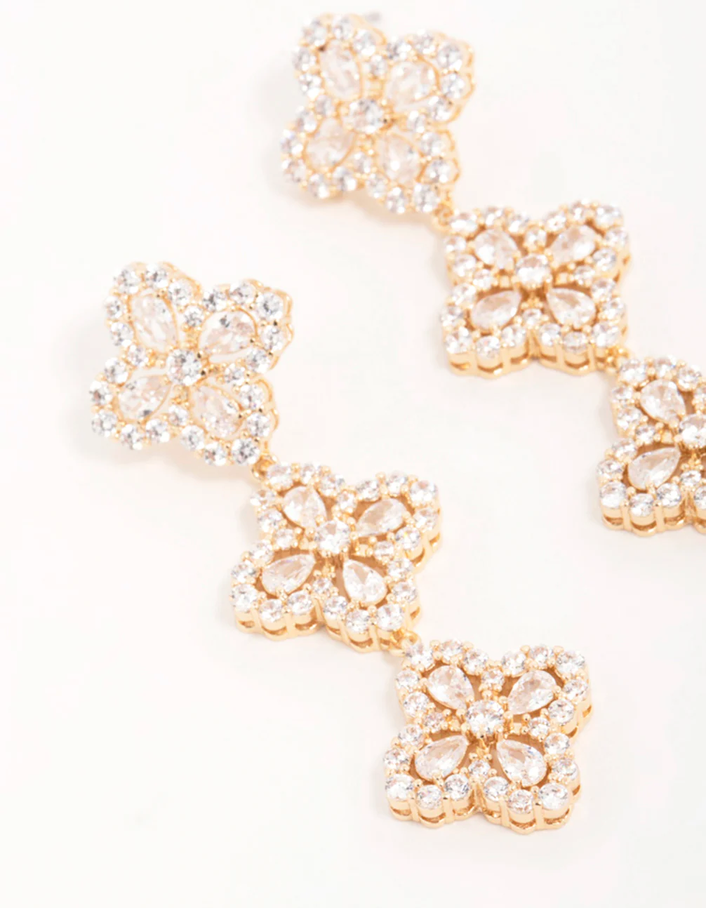Gold Cubic Zirconia Triple Flower Drop Earrings - Image 4