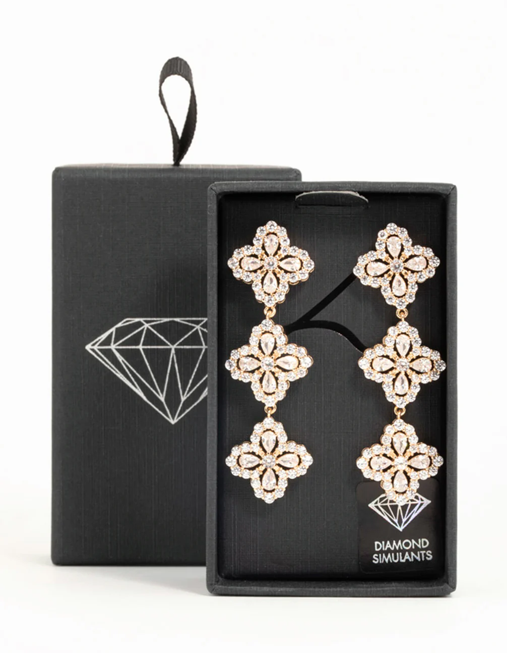 Gold Cubic Zirconia Triple Flower Drop Earrings - Image 5