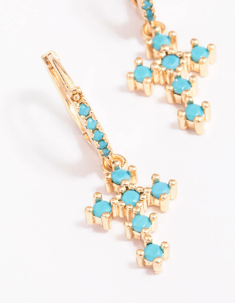 Gold Cubic Zirconia & Turqouise Cross Drop Earrings - Image 2