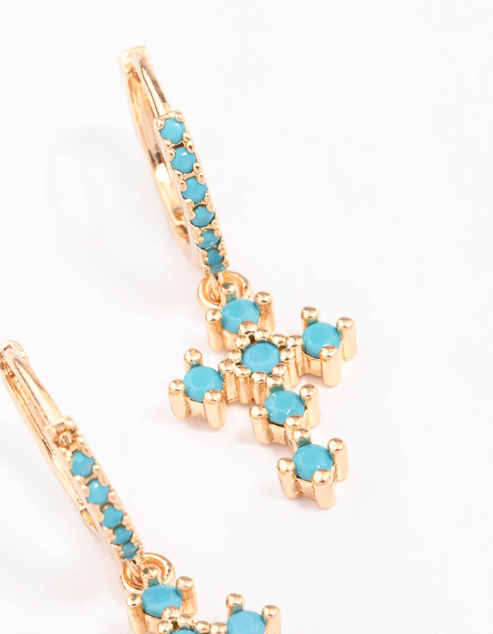 Gold Cubic Zirconia & Turqouise Cross Drop Earrings - Image 3