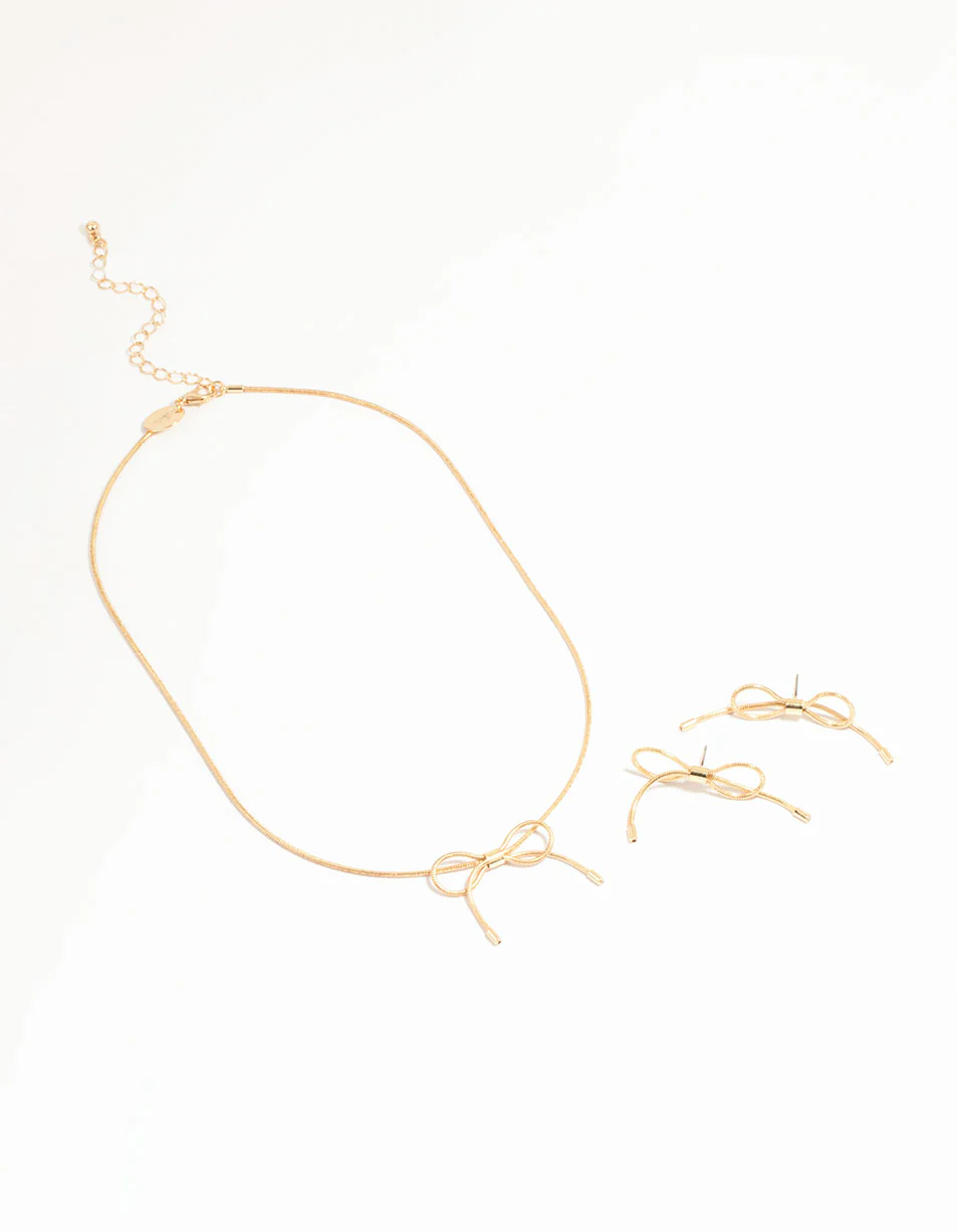Gold Dainty Bow Necklace & Earrings Set - Image 2