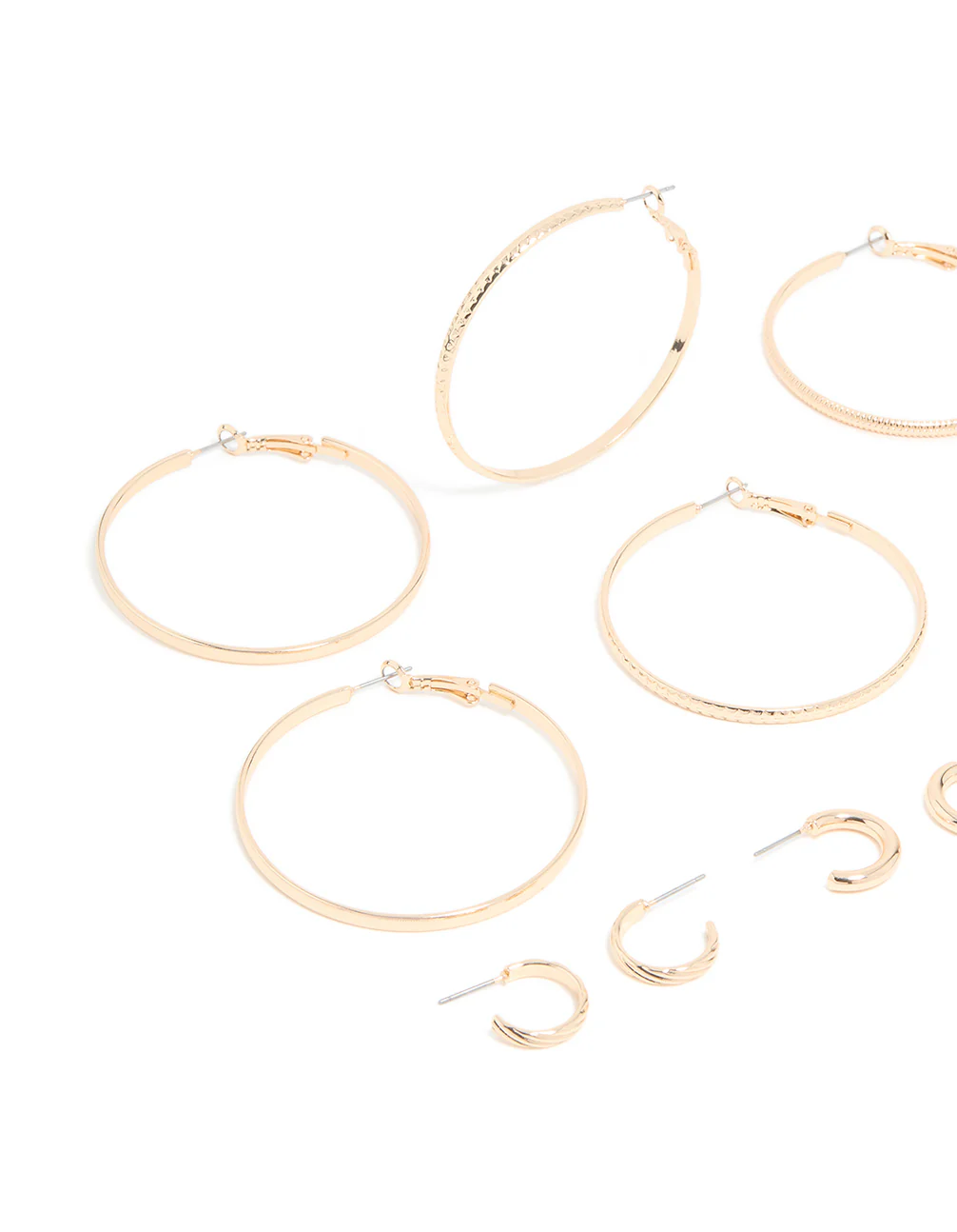 Gold Dainty Textured Smooth Large & Small Hoop Earrings 6-Pack - Image 2