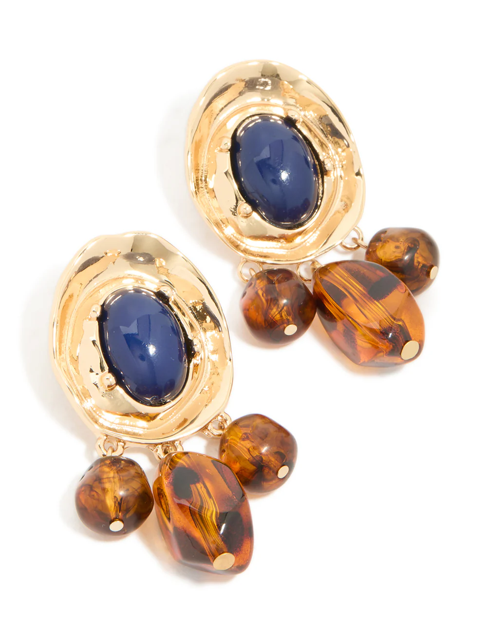 Gold Dark Blue Acrylic & Brown Beaded Medallion Drop Earrings - Image 2