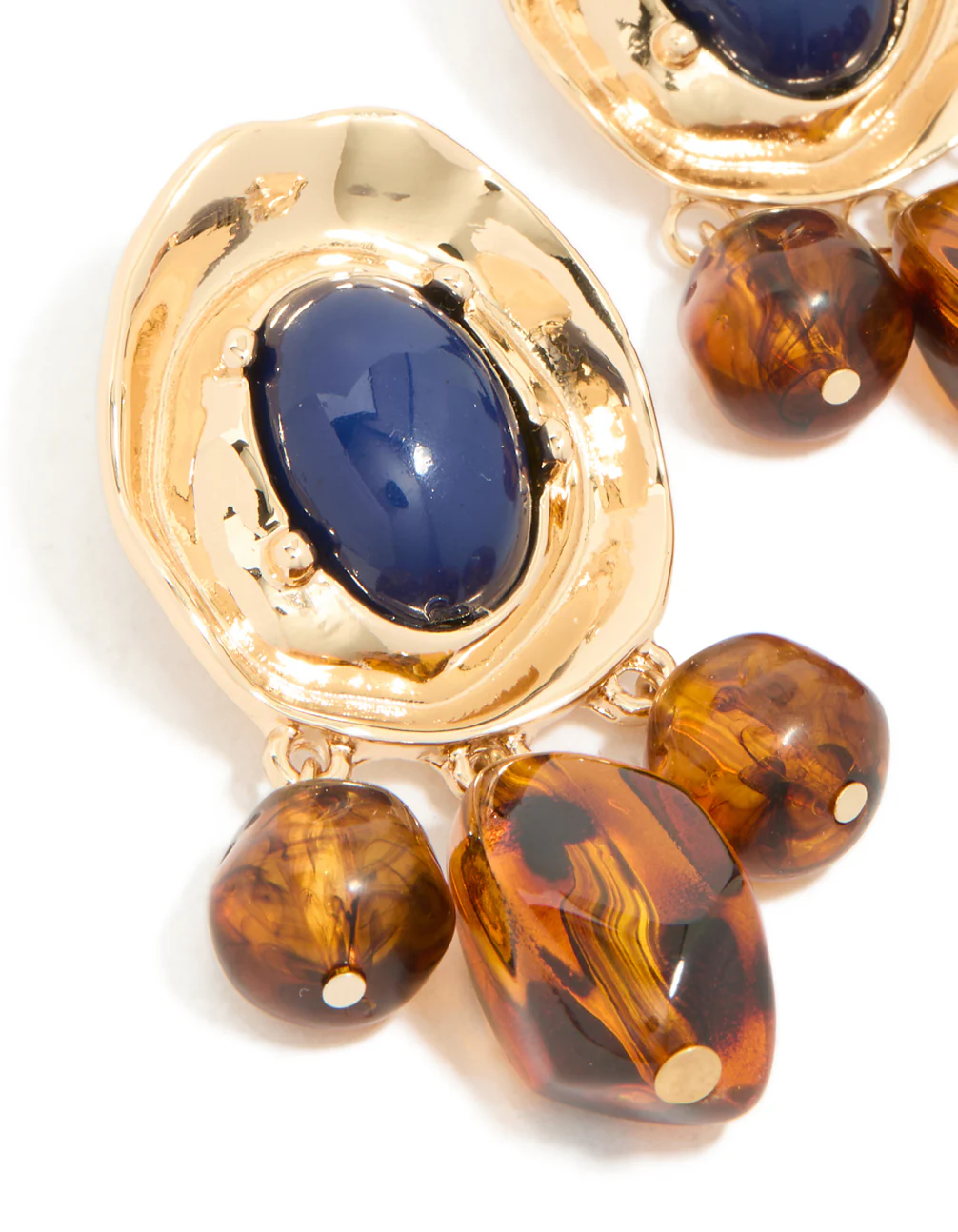 Gold Dark Blue Acrylic & Brown Beaded Medallion Drop Earrings - Image 4