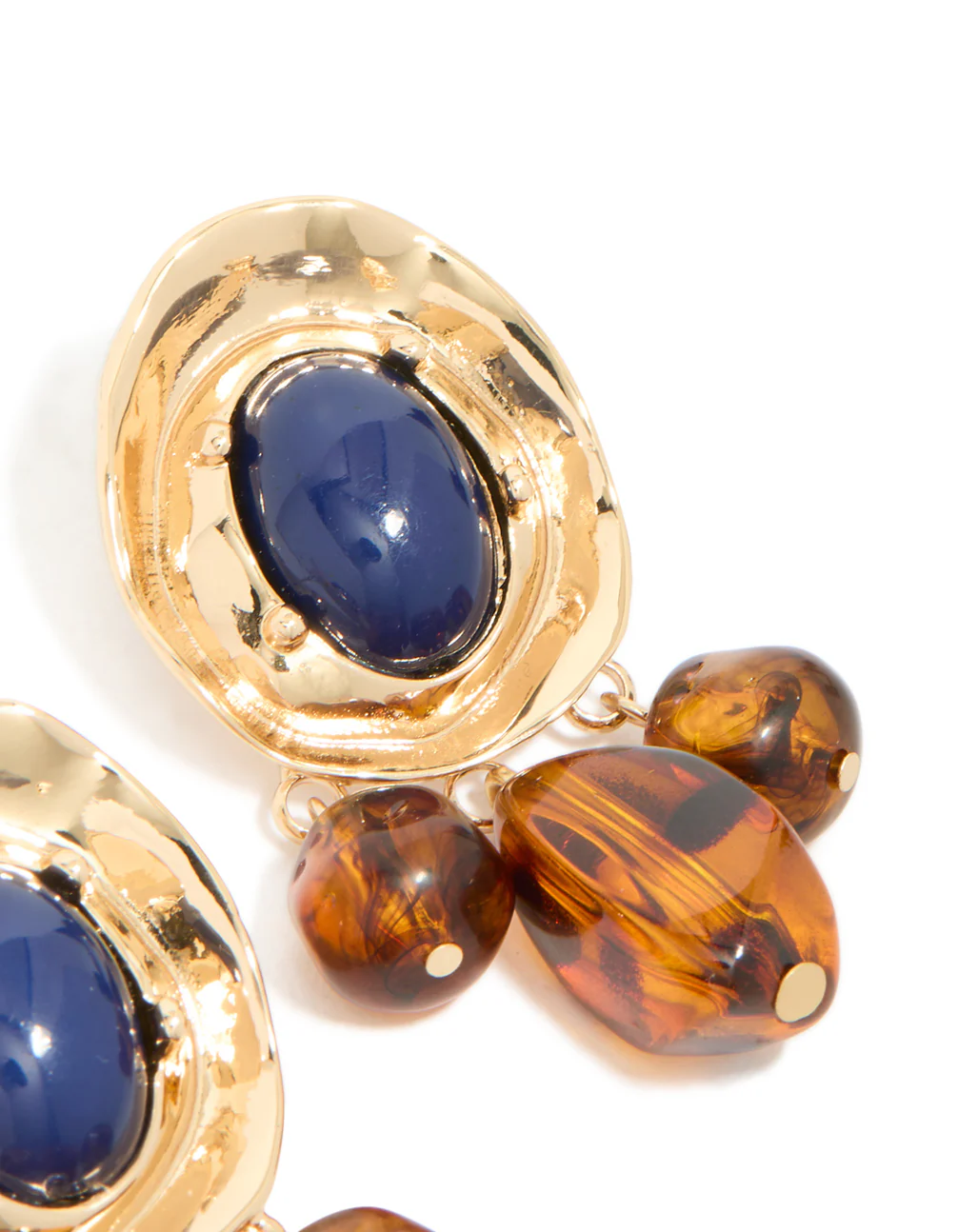 Gold Dark Blue Acrylic & Brown Beaded Medallion Drop Earrings - Image 5