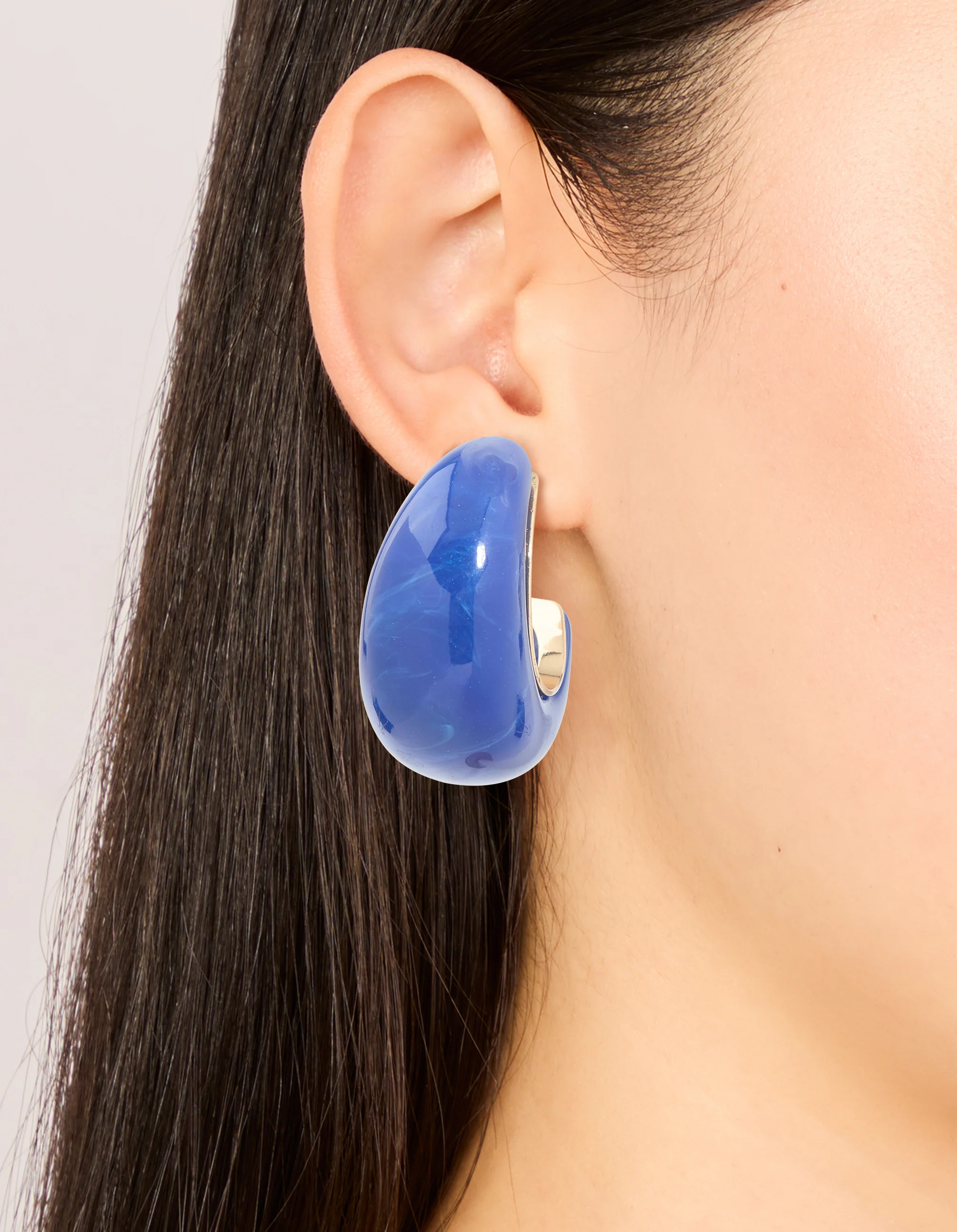 Gold & Dark Blue Acrylic Large Open Hoop Earrings - Image 2