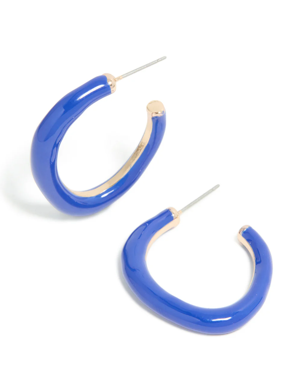 Gold Dark Blue Enamel Irregular Hoop Earrings - Image 2
