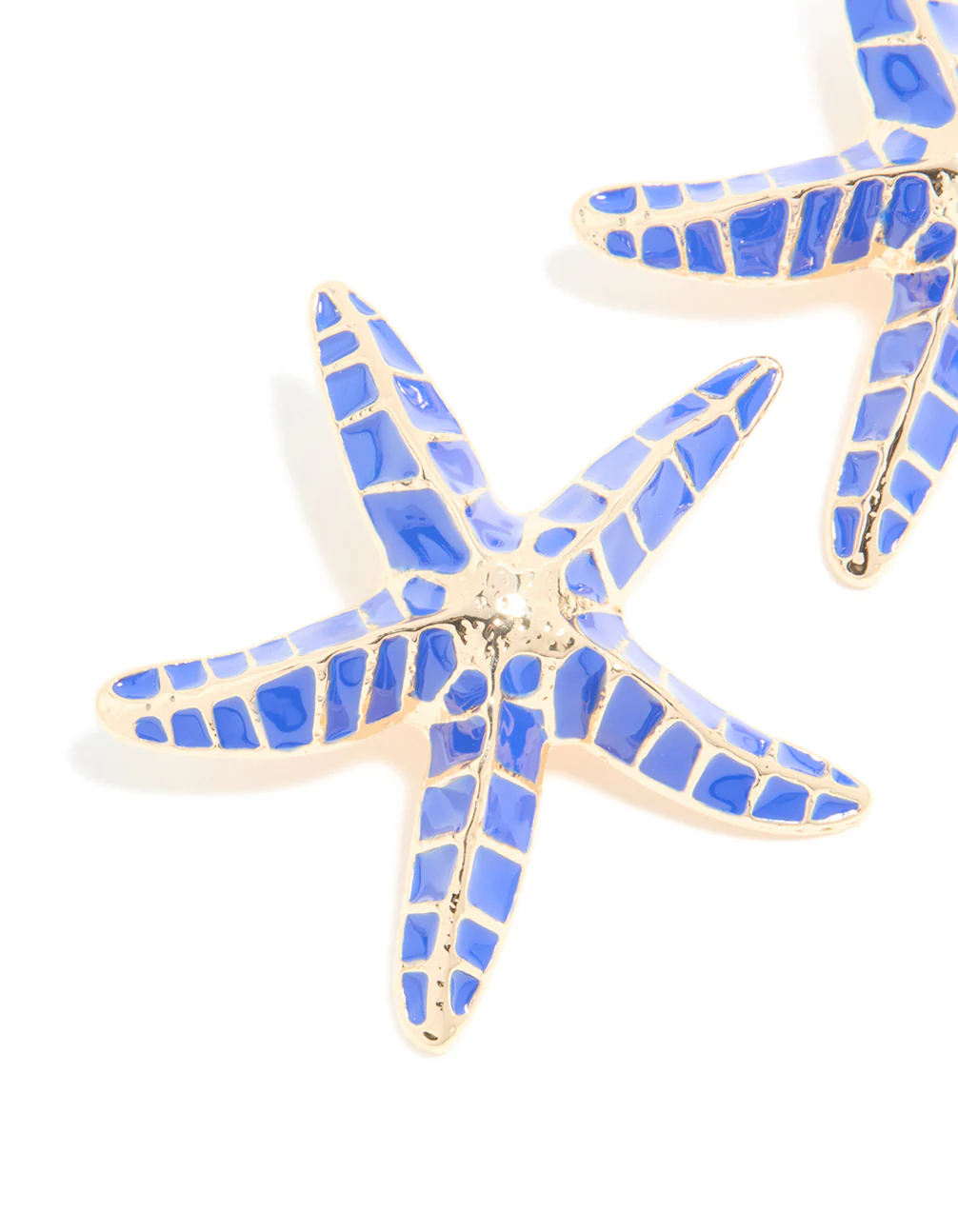 Gold Dark Blue Enamel Large Starfish Earrings - Image 4