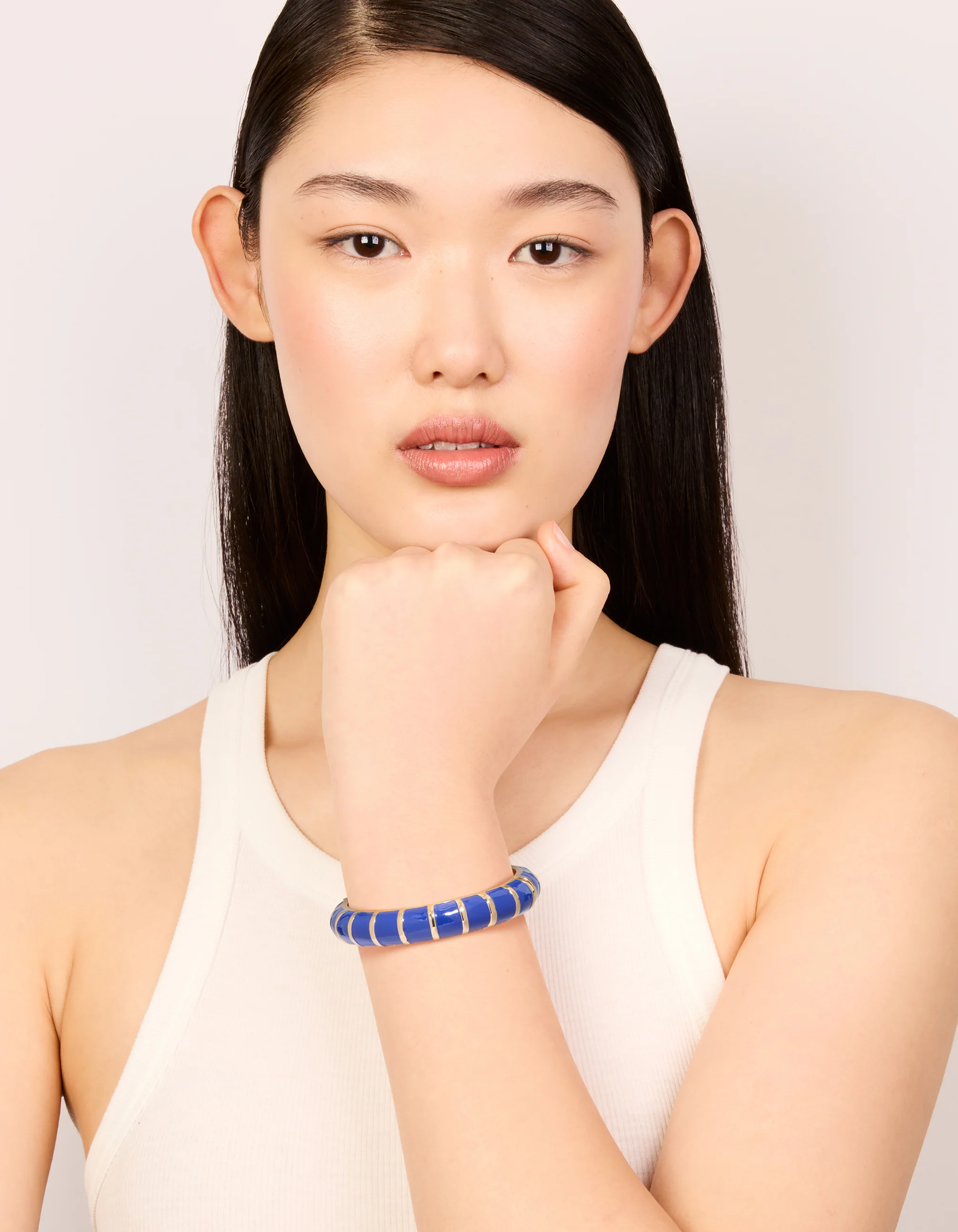 Gold Dark Blue Enamel Stripe Bangle - Image 2