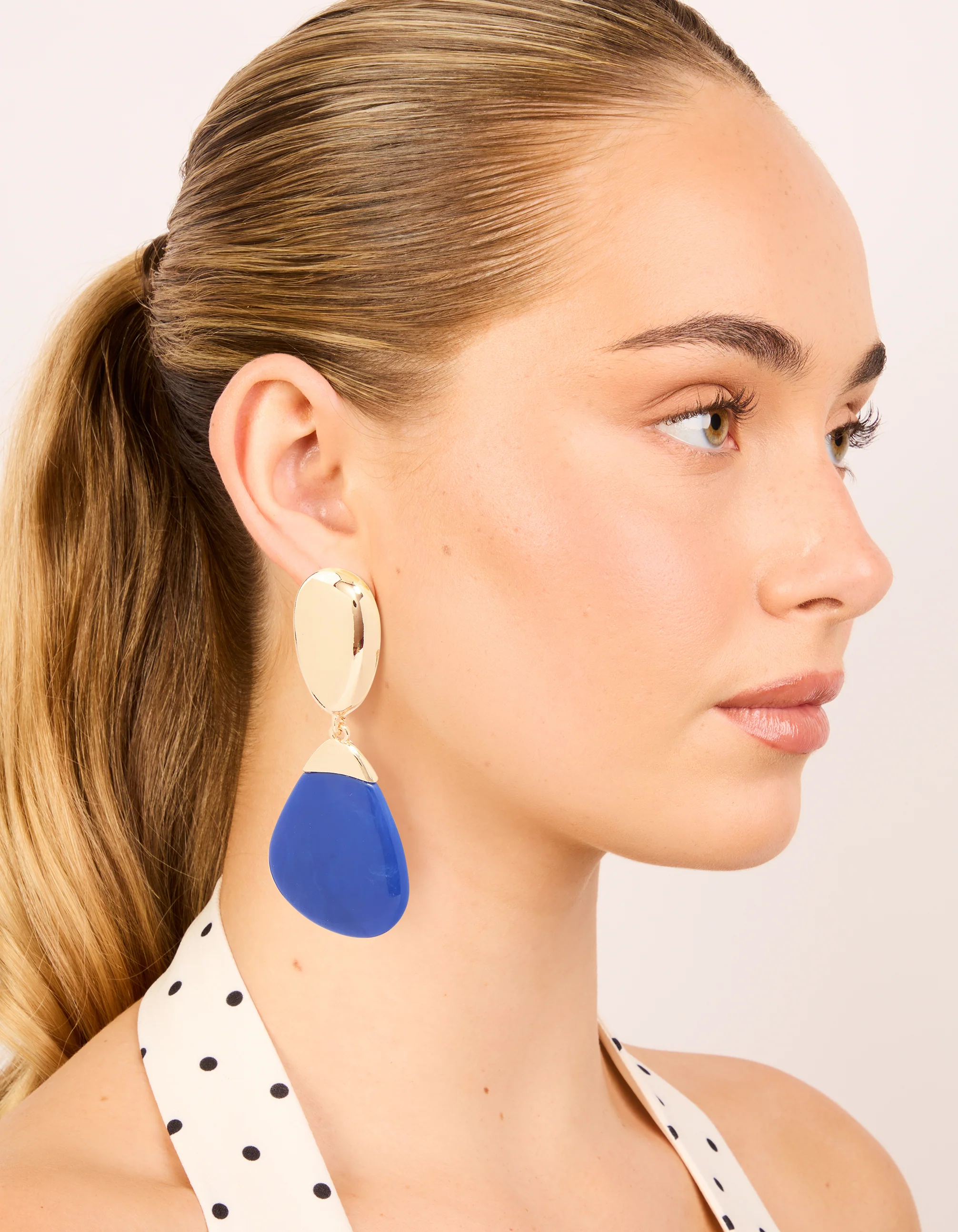 Gold & Dark Blue Pebble Drop Earrings - Image 3