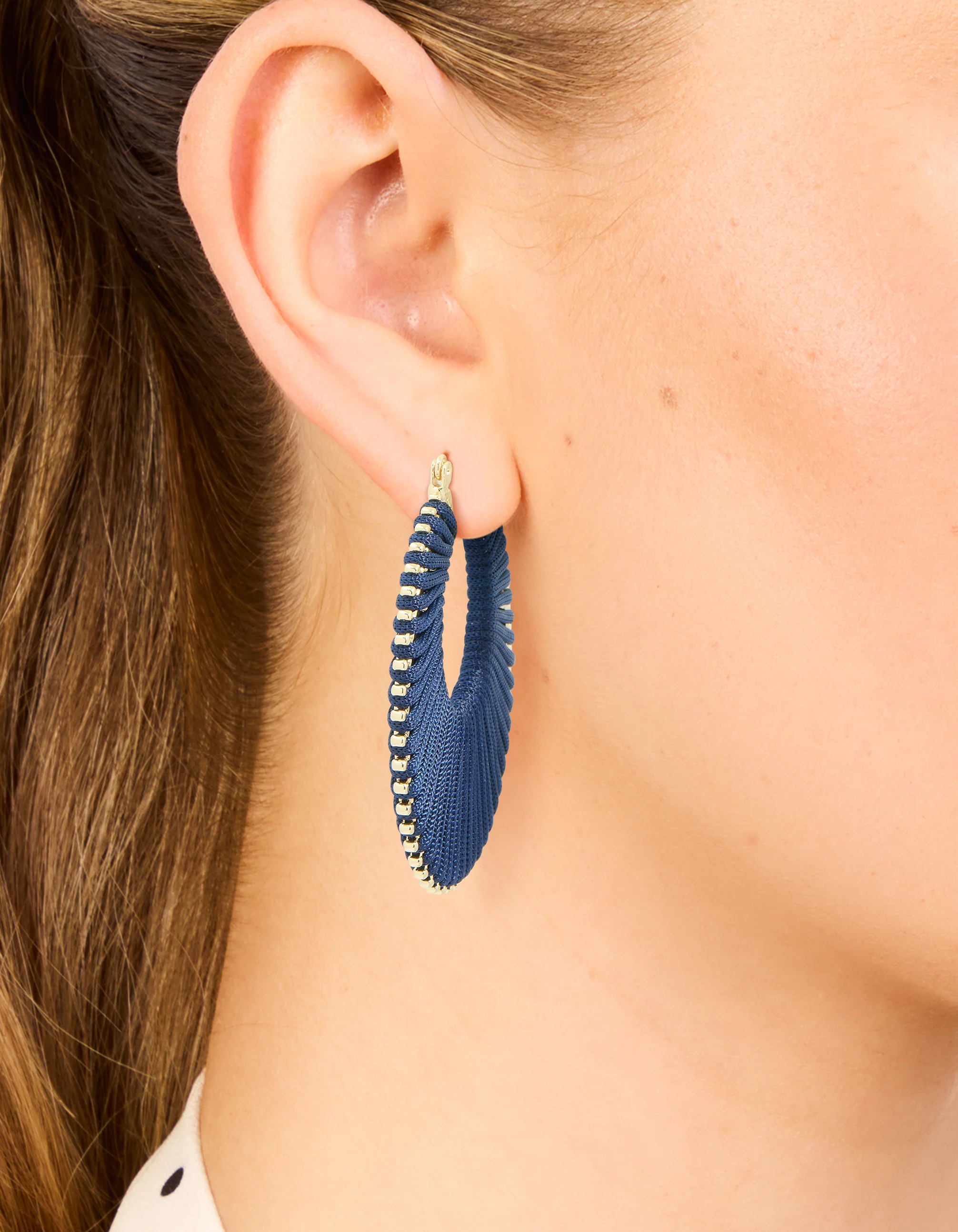 Gold Dark Blue Thread Hoop Earrings - Image 2