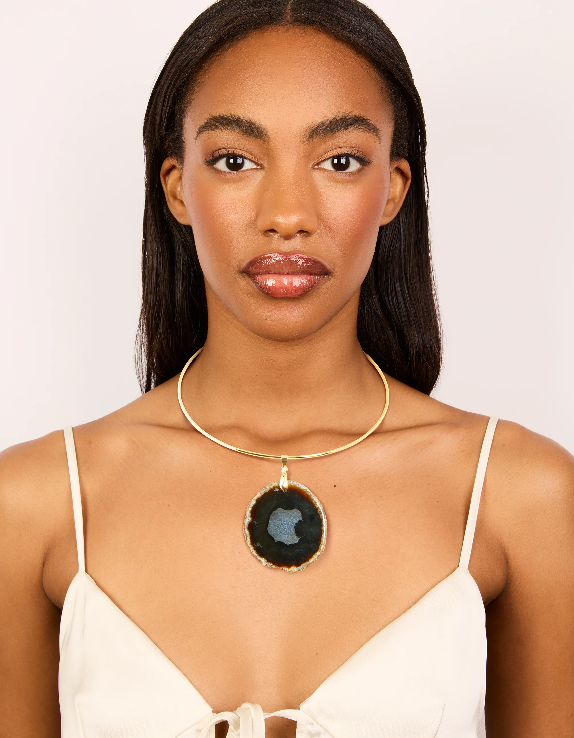 Gold Dark Brown Marbled Stone Torque Necklace - Image 3
