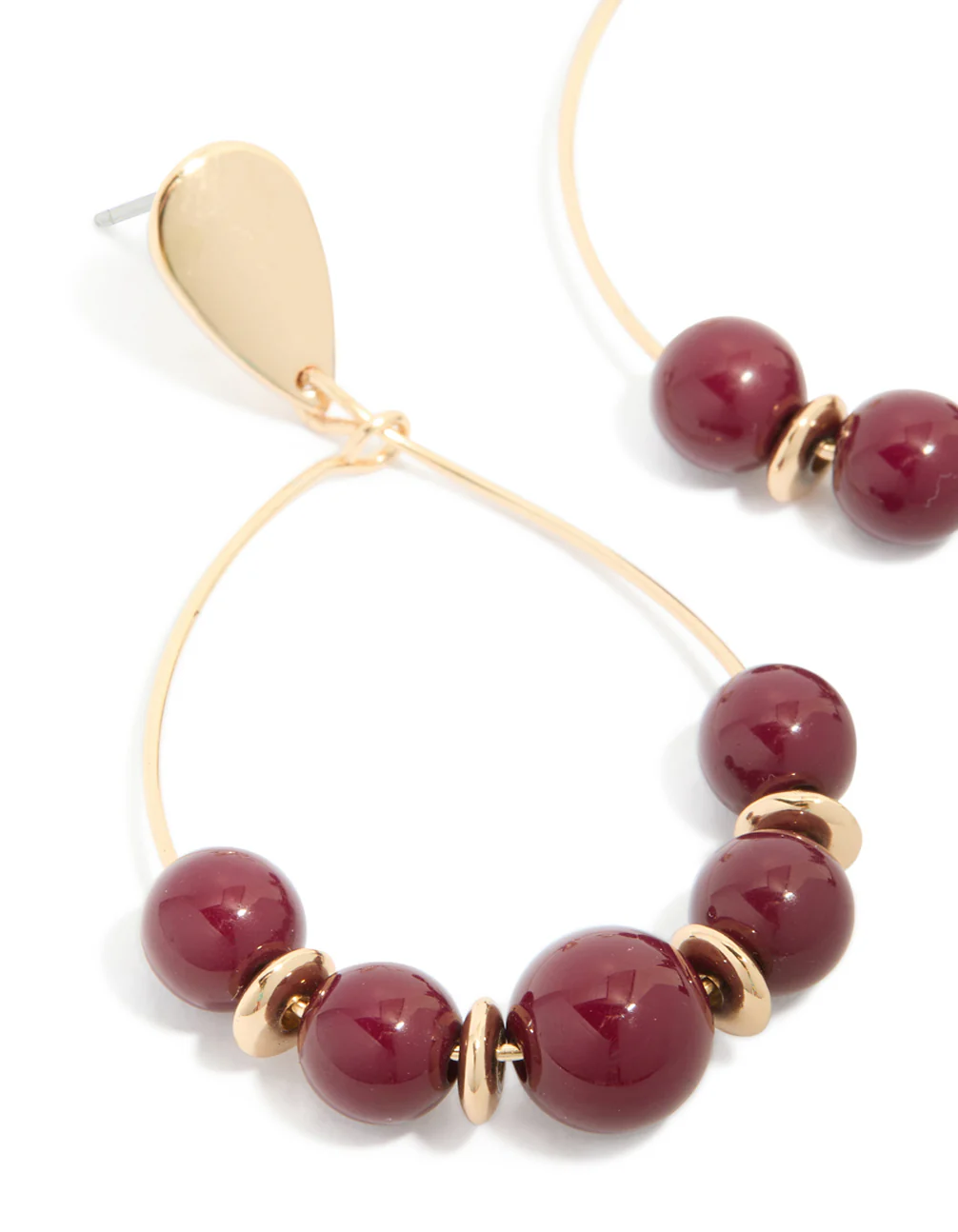 Gold Dark Red Beaded Drop Earrings - Image 2