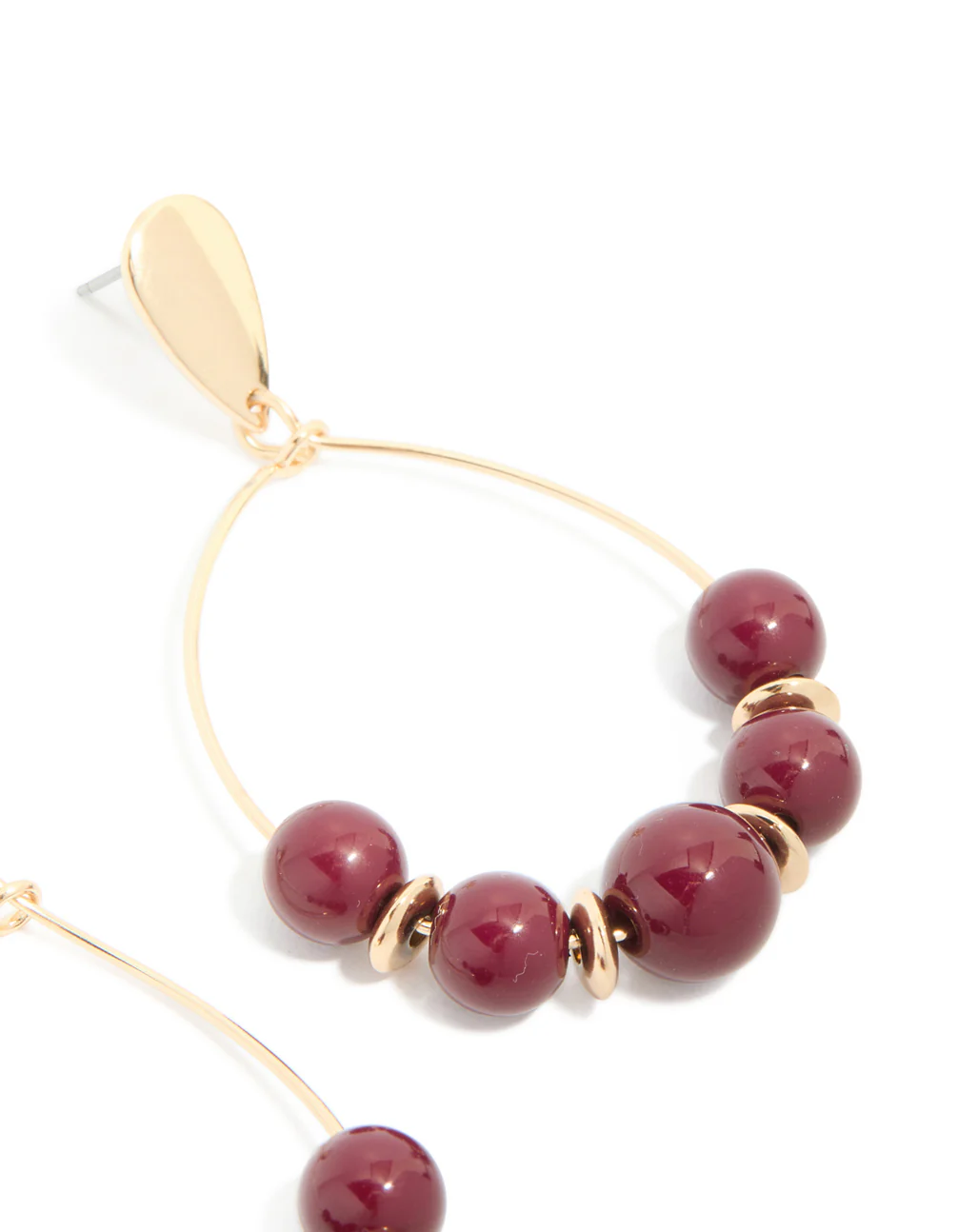Gold Dark Red Beaded Drop Earrings - Image 3