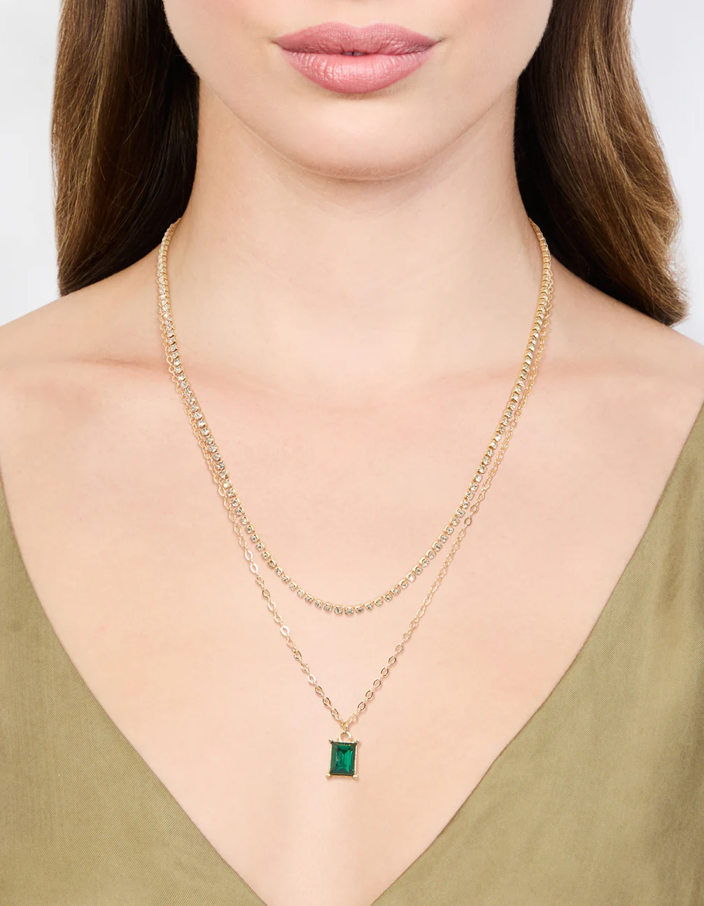 Gold Diamante & Baguette Cut Green Diamante Layered Necklace - Image 2