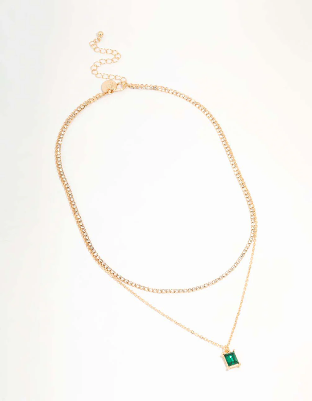 Gold Diamante & Baguette Cut Green Diamante Layered Necklace - Image 4