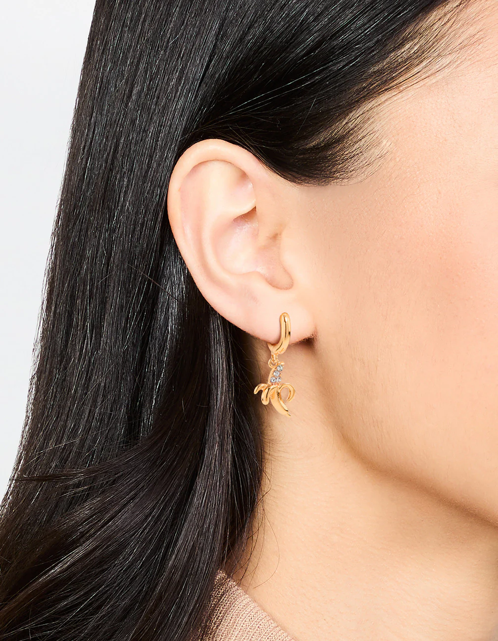 Gold Diamante Banana Drop Huggie Earrings - Image 2