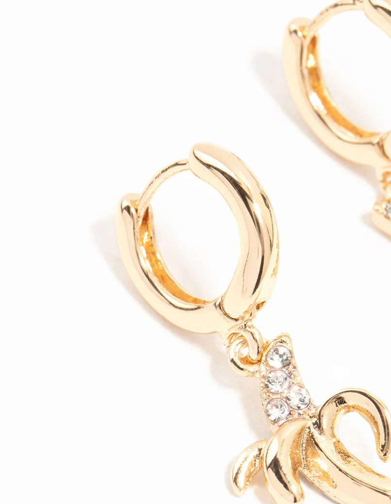 Gold Diamante Banana Drop Huggie Earrings - Image 4