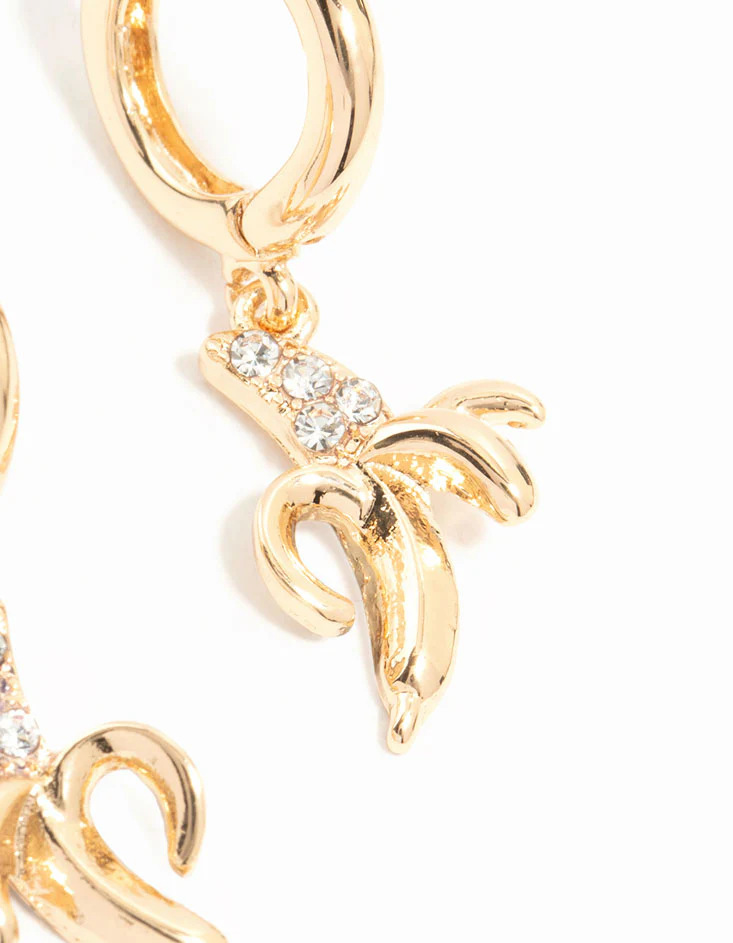 Gold Diamante Banana Drop Huggie Earrings - Image 5