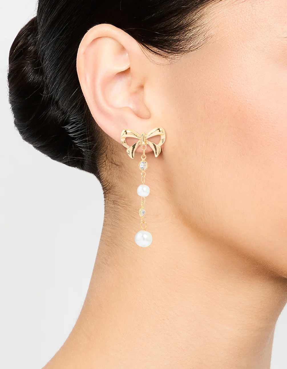 Gold Diamante Bow Pearl Drop Earrings - Image 2