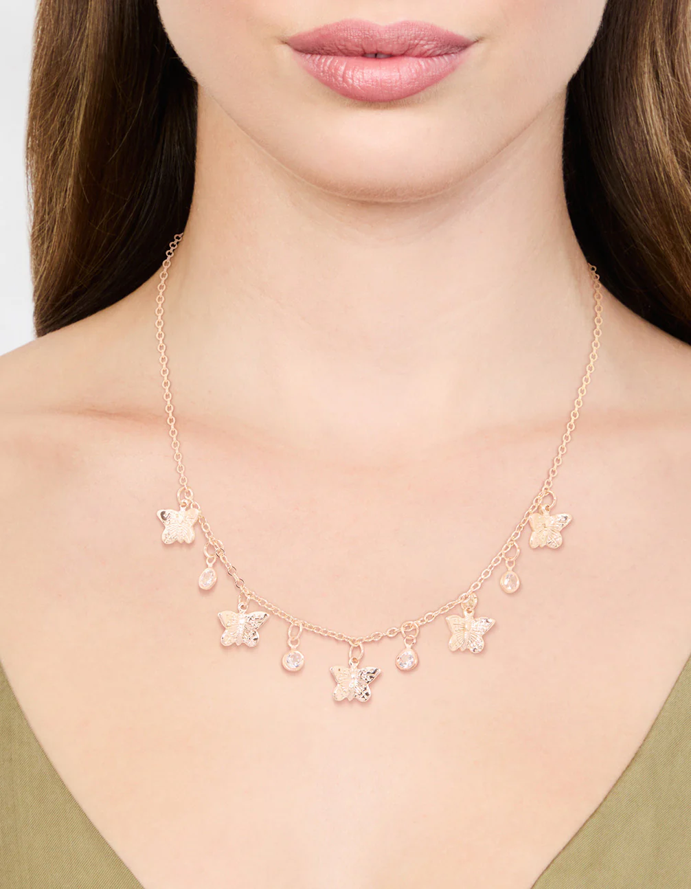 Gold Diamante Butterfly Drop Charm Necklace - Image 2