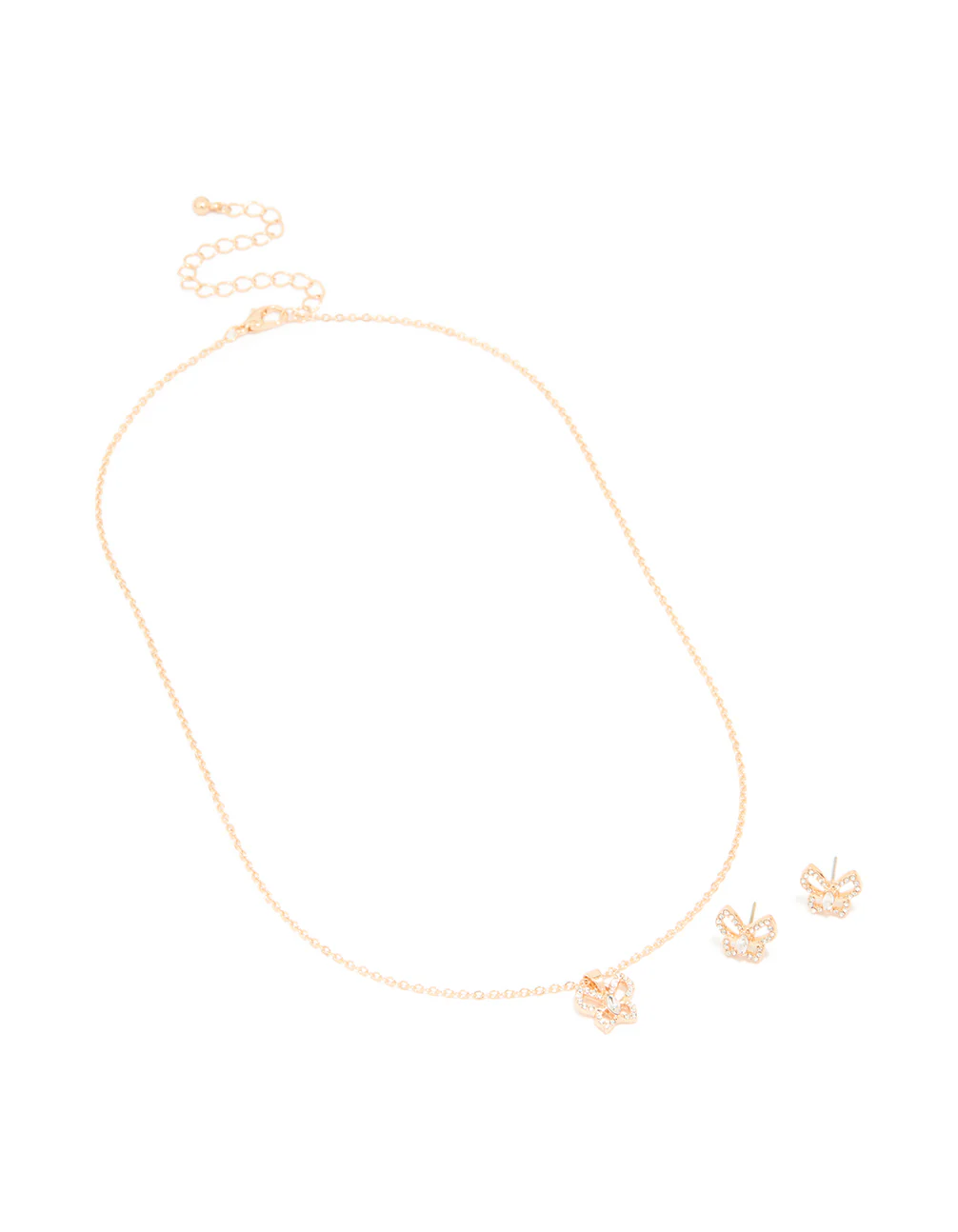 Gold Diamante Butterfly Stud Earrings & Necklace Set - Image 2