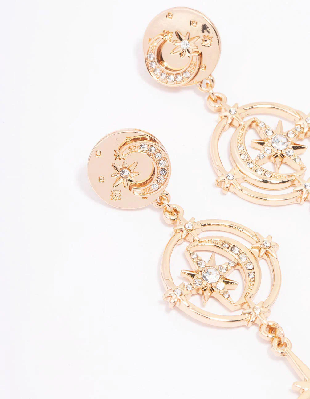 Gold Diamante Celestial Moon Drop Earrings - Image 2