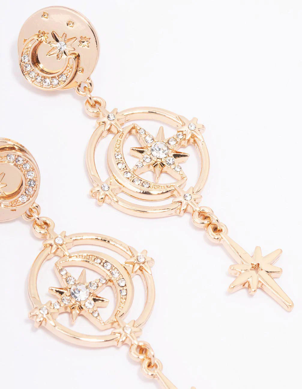 Gold Diamante Celestial Moon Drop Earrings - Image 3