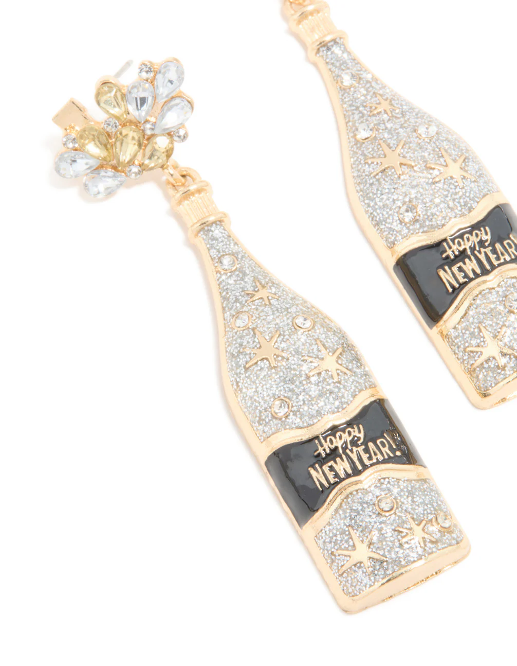 Gold Diamante Champagne Bottle & Star Earrings - Image 2
