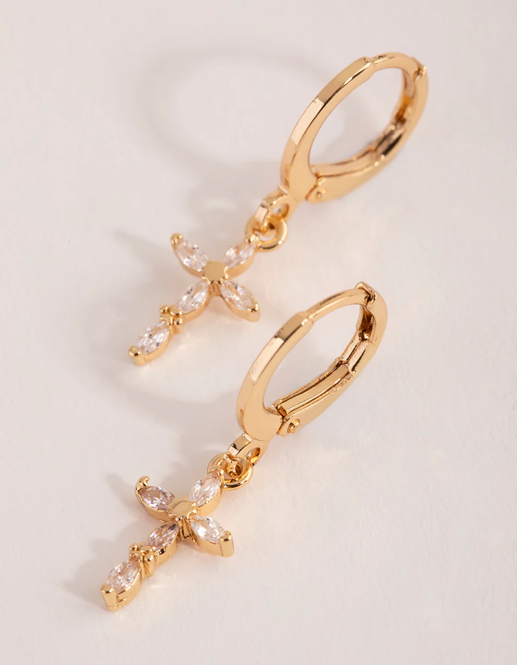 Gold Diamante Cross Huggie Earrings - Image 2