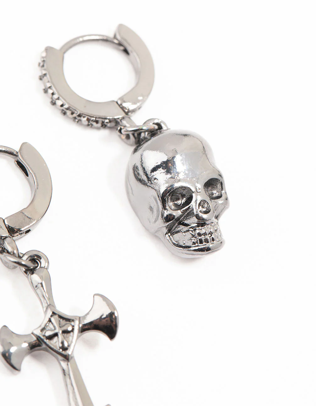 Gunmetal Diamante Cross & Skull Huggie Earrings - Image 3