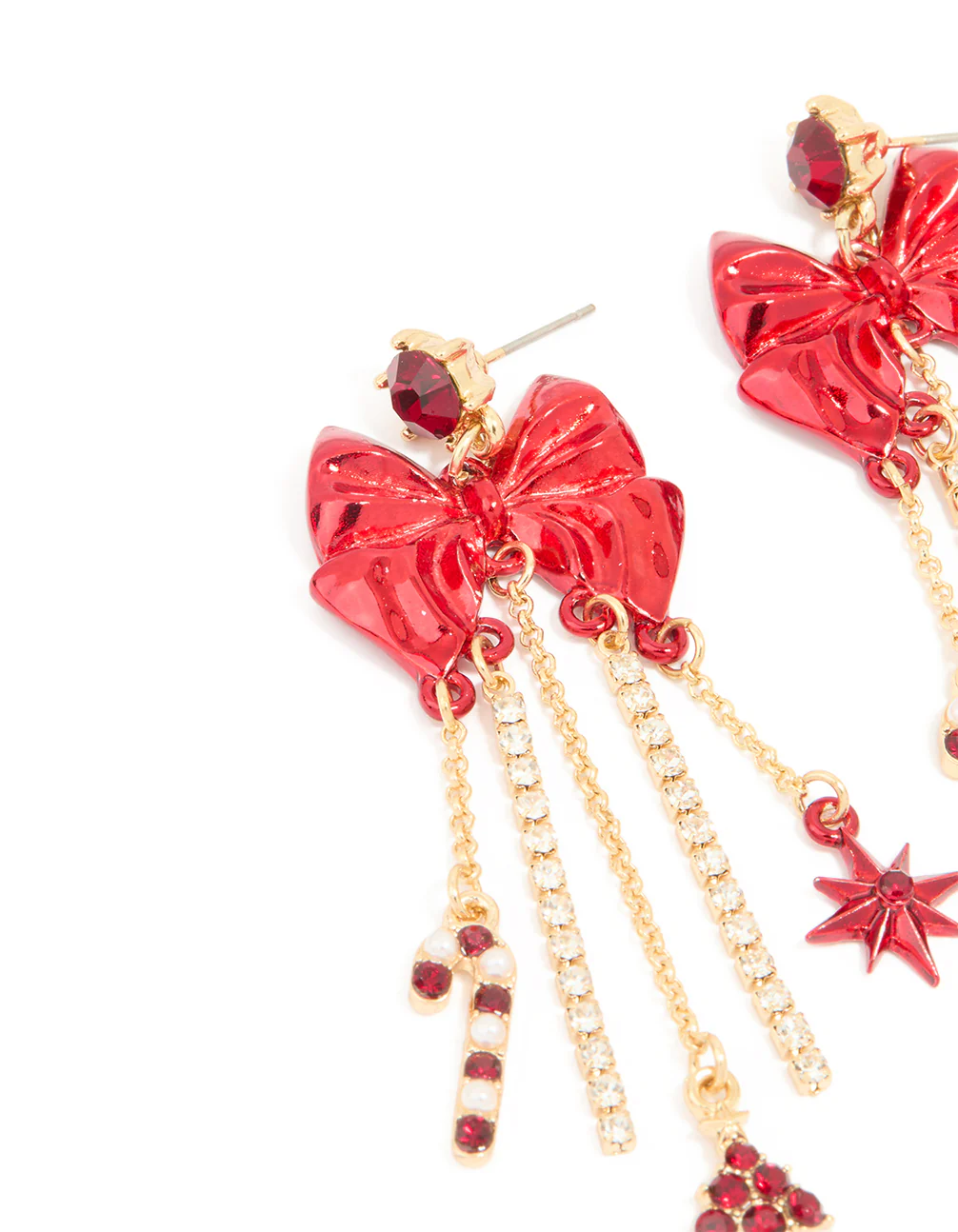 Gold Diamante Cup Chain Red Bow Drop Earrings - Image 2