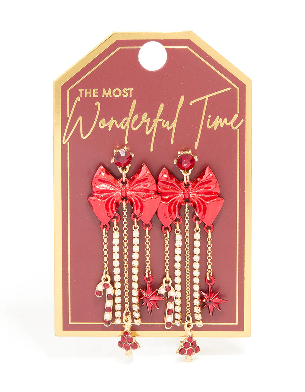 Gold Diamante Cup Chain Red Bow Drop Earrings - Image 3
