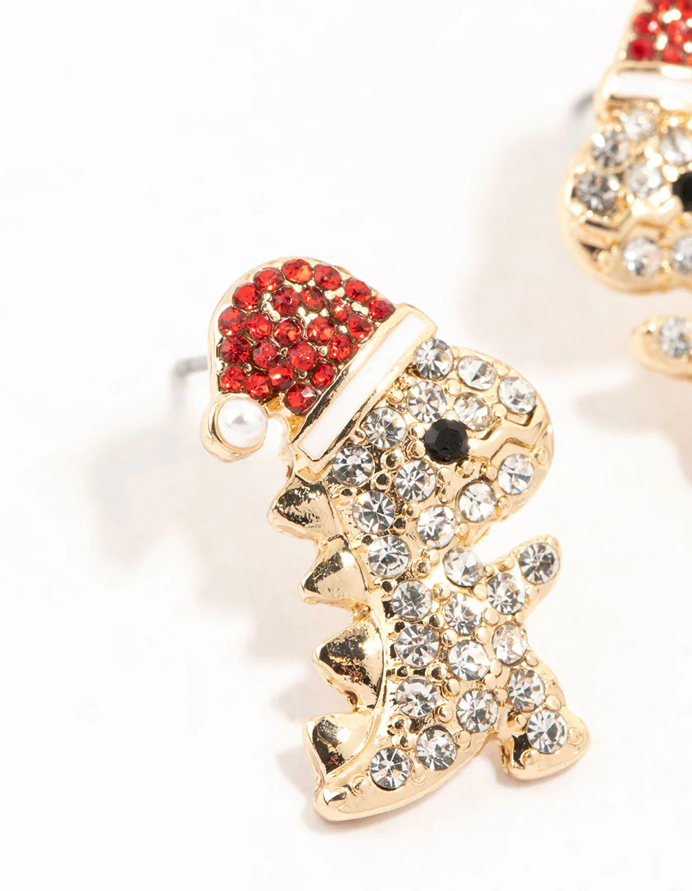 Gold Diamante Dinosaur With A Santa Hat Stud Earrings - Image 2