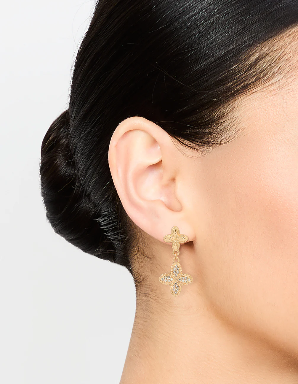 Gold Diamante Double Flower Drop Earrings - Image 2
