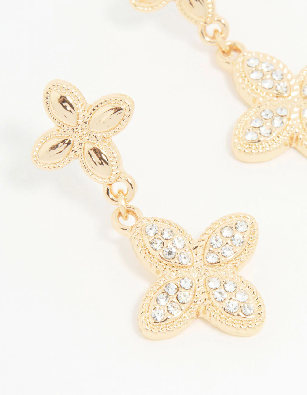 Gold Diamante Double Flower Drop Earrings - Image 4