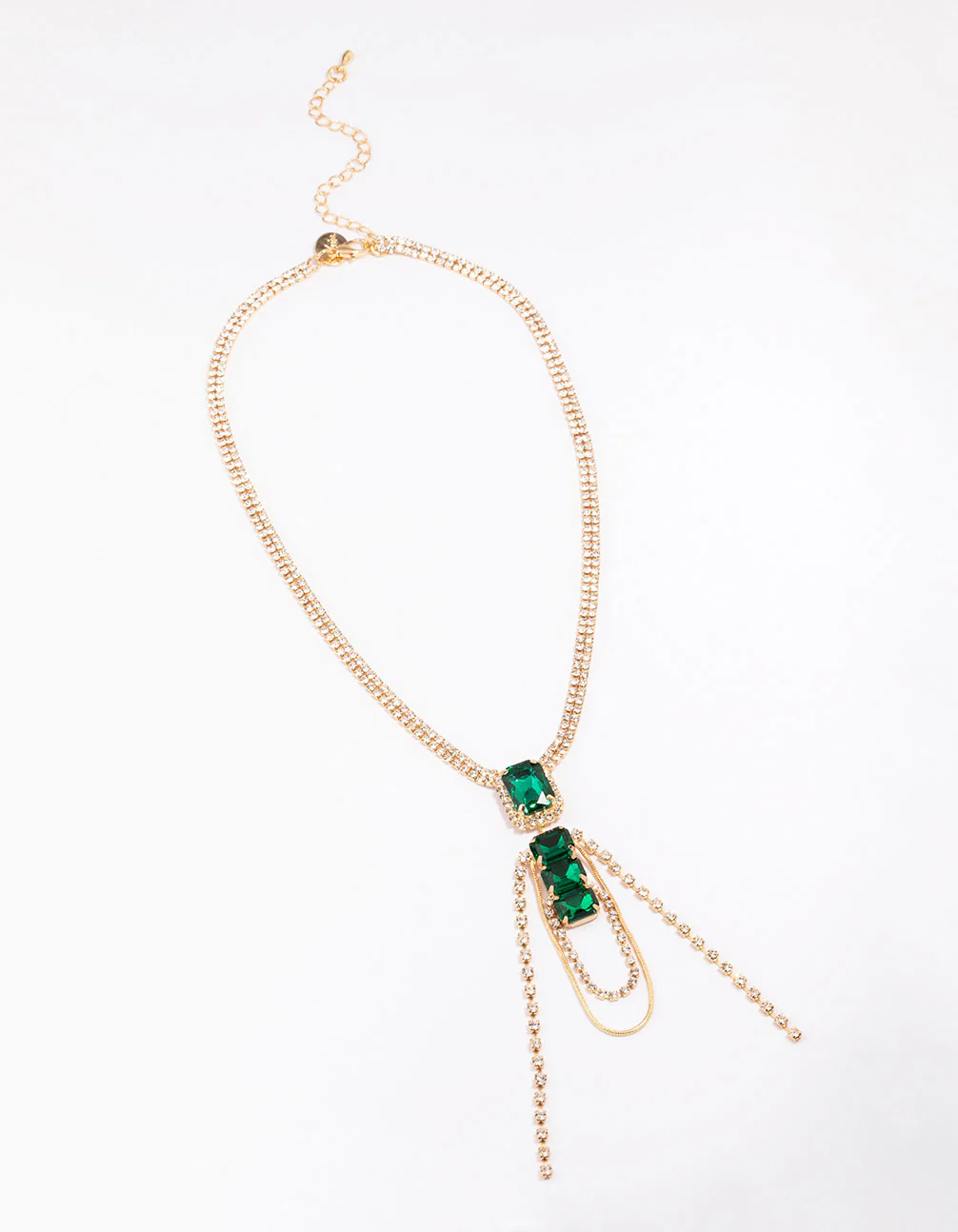 Gold Diamante & Emerald Stone Drop Necklace - Image 2