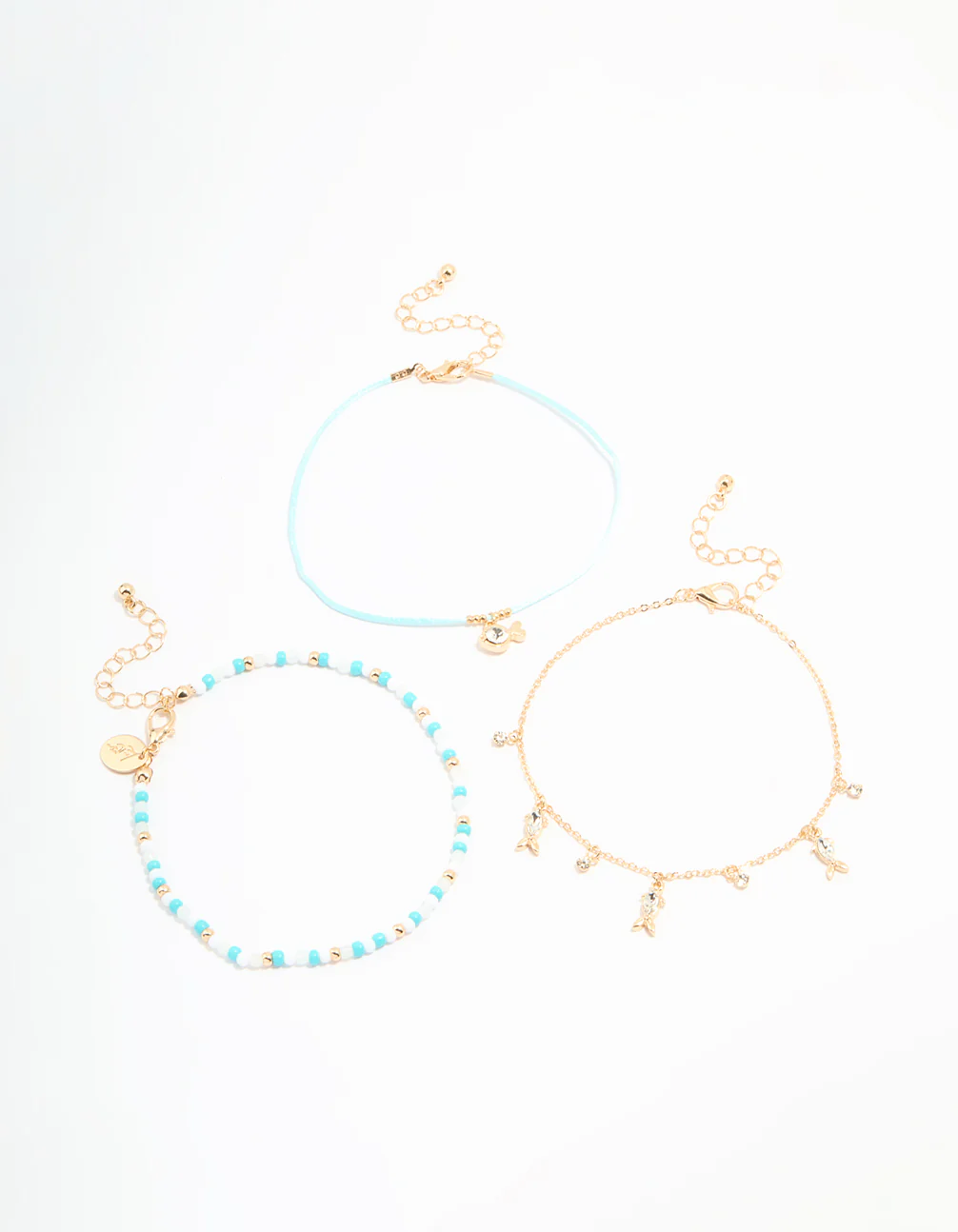 Gold Diamante Fish & Blue Beaded Anklets 3-Pack